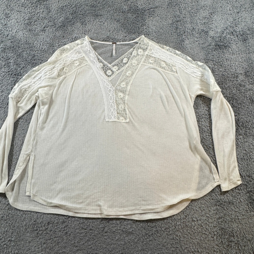 Free People Medium Ivory Ribbed Long Sleeve Lace Trim V-Neck Boho Top BC001777